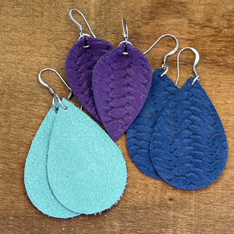 (Wholesale) Navy Leather Earrings | Palm Teardrop | Womens Teens | Hypoallergenic Leather Earrings Create Hope Cuffs 