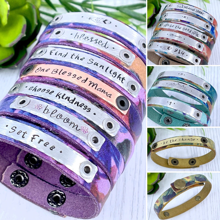 (Wholesale) New! Rose Watercolor Leather | 10 Phrases | Skinny Bracelet | Adjustable Skinny Bracelets Create Hope Cuffs 
