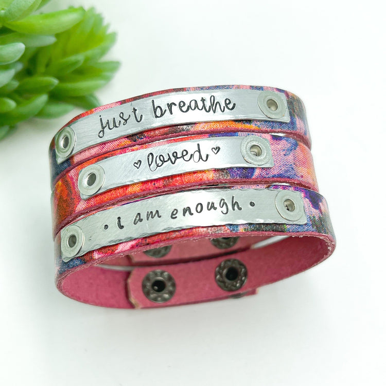 (Wholesale) New! Rose Watercolor Leather | 10 Phrases | Skinny Bracelet | Adjustable Skinny Bracelets Create Hope Cuffs 