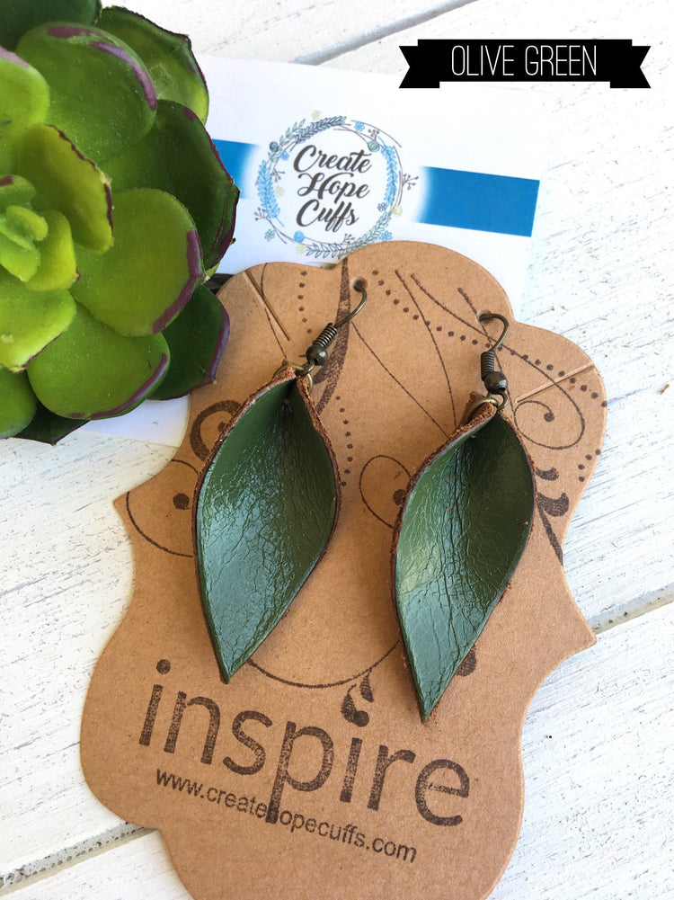 (Wholesale) OLIVE GREEN Leather Boho Petal Earrings | Petite 2" drop | Oil Diffusers Leather Earrings Create Hope Cuffs 
