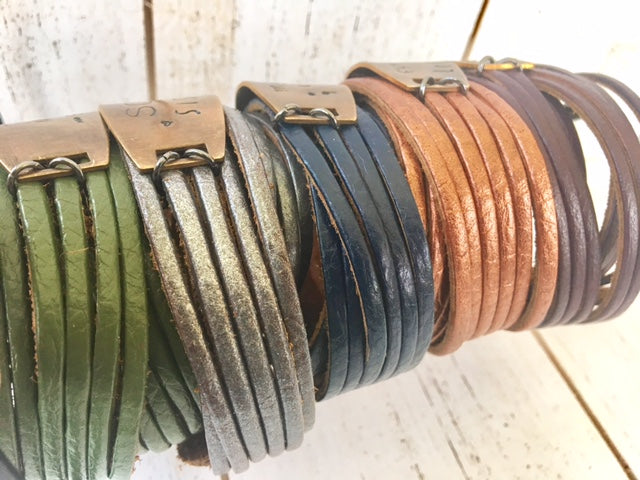 (Wholesale) Olive Green Leather & Bronze Double Wrap | 9 Phrases | Womens Bracelet | adjustable Leather Wrap Create Hope Cuffs 