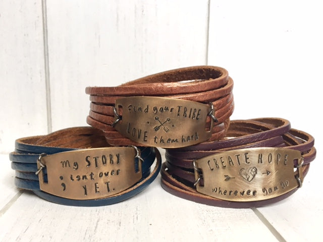 (Wholesale) Olive Green Leather & Bronze Double Wrap | 9 Phrases | Womens Bracelet | adjustable Leather Wrap Create Hope Cuffs 