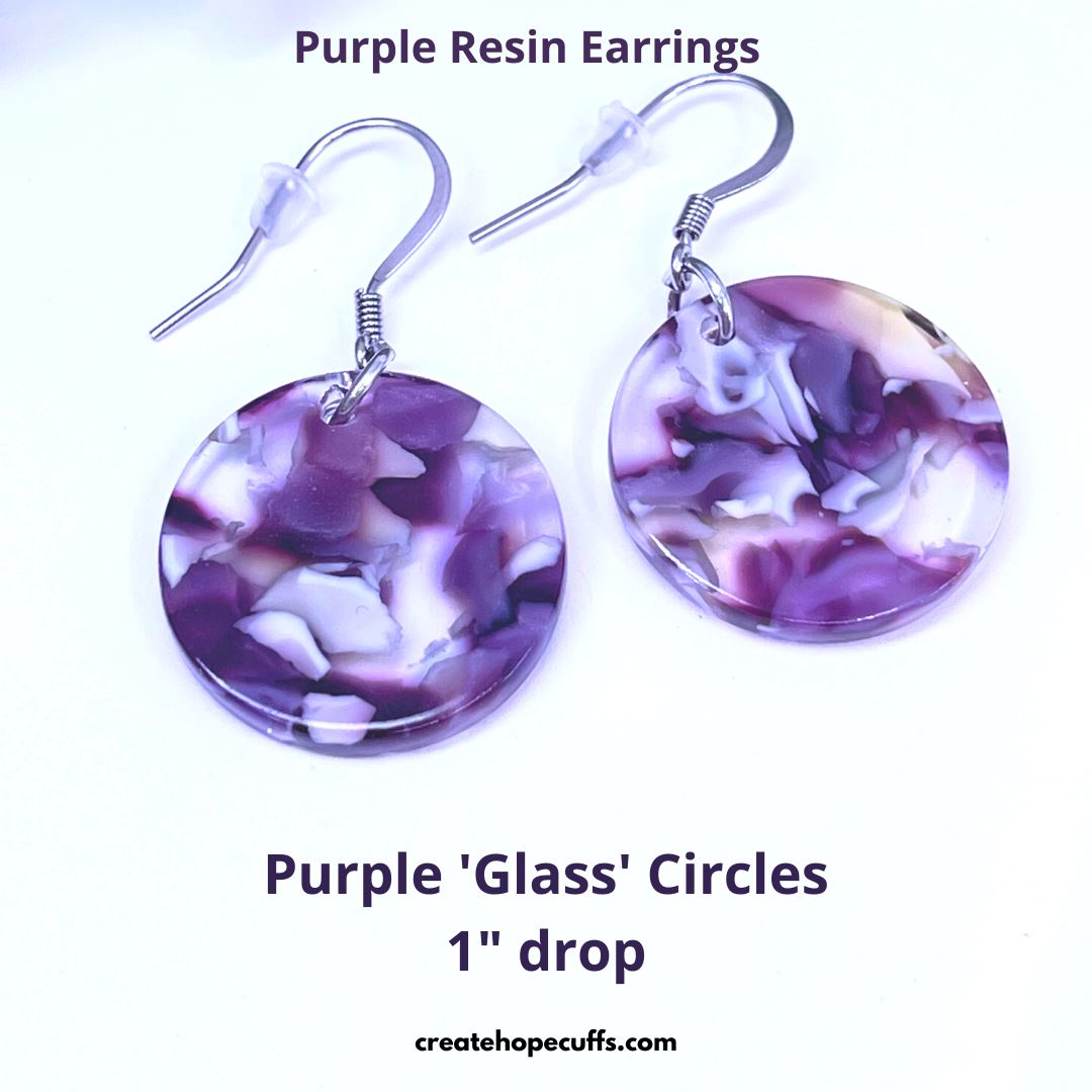 (Wholesale) Petite Purple Round 'Glass' Resin Earrings | Hypoallergenic Wood Earrings Create Hope Cuffs 