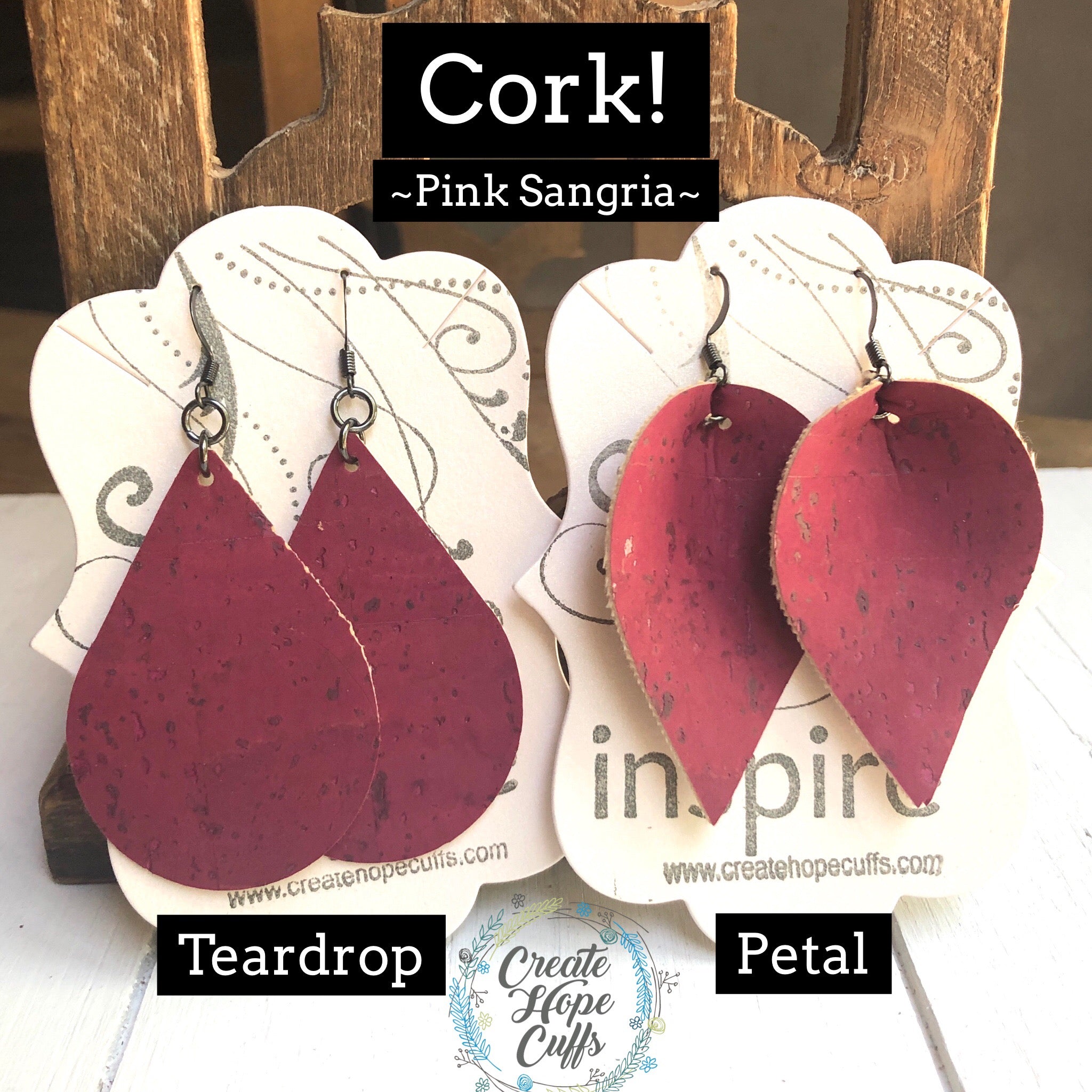 (Wholesale) Pink Sangria CORK Earrings | Vegan, Eco-Friendly | 2 style options Cork Earrings Create Hope Cuffs 