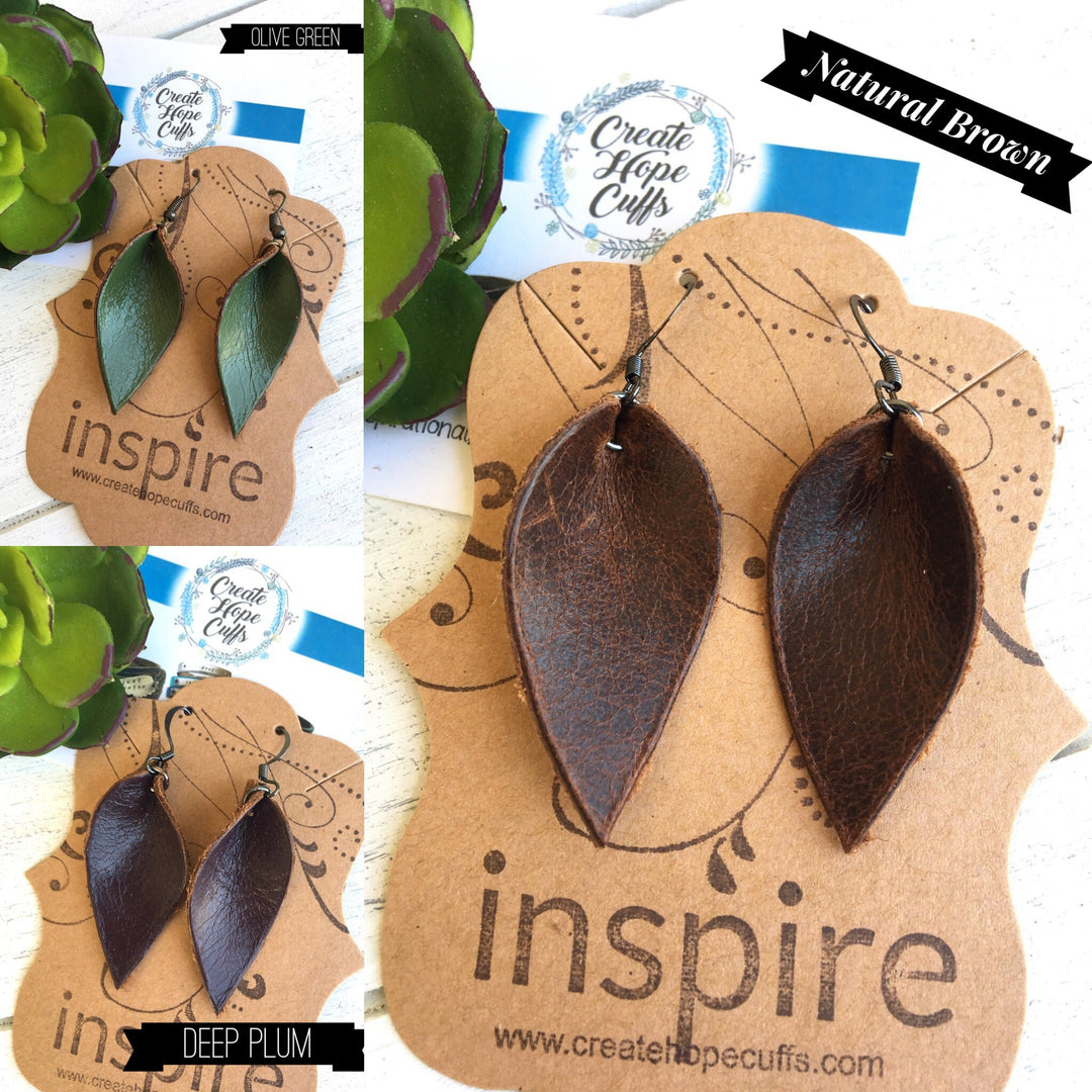 (Wholesale) PLUM Leather Boho Petal Earrings | Petite 2" drop | Oil Diffusers Leather Earrings Create Hope Cuffs 