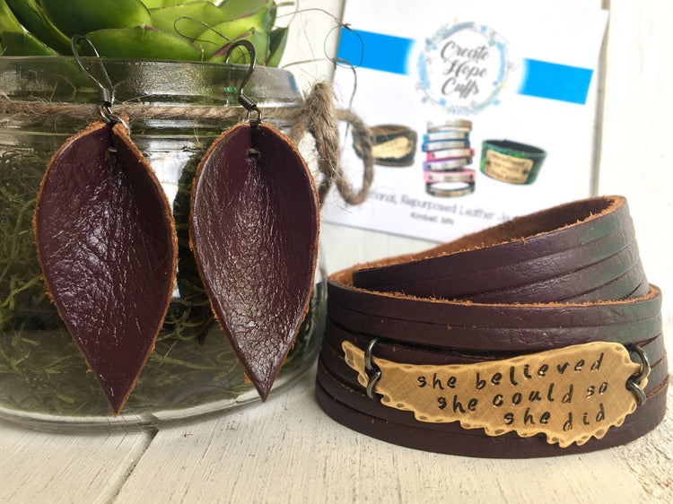 (Wholesale) PLUM Leather Boho Petal Earrings | Petite 2" drop | Oil Diffusers Leather Earrings Create Hope Cuffs 