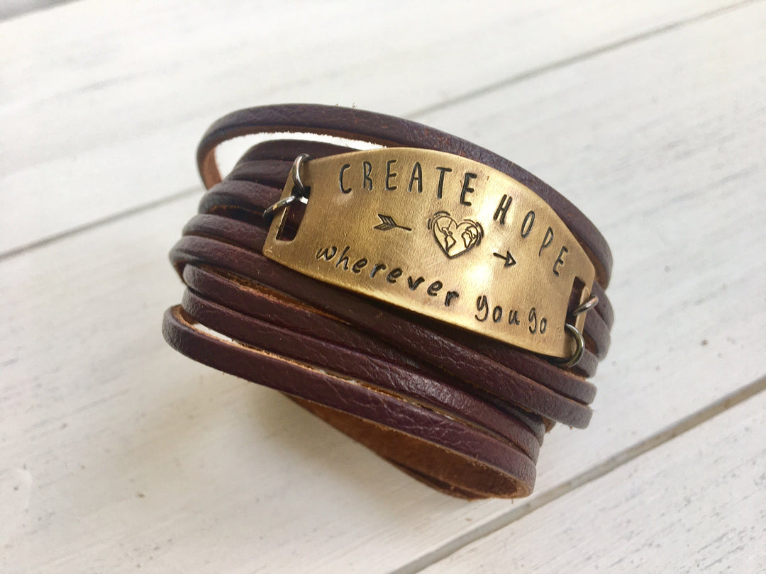 (Wholesale) Plum Leather Double Wrap & Bronze Metal | 9 Phrases | Womens Bracelet | adjustable Leather Wrap Create Hope Cuffs 