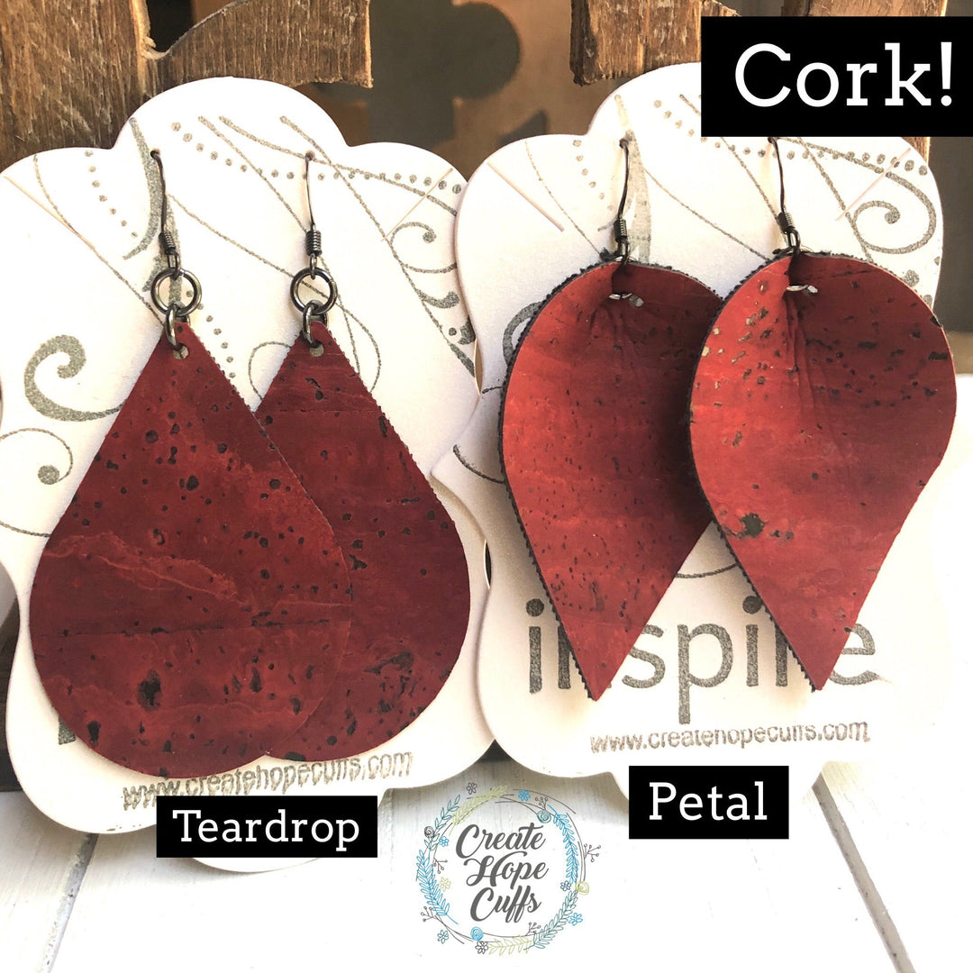 (Wholesale) Red, Red Wine CORK Earrings, Vegan, Eco-Friendly, 3 style options Cork Earrings Create Hope Cuffs 