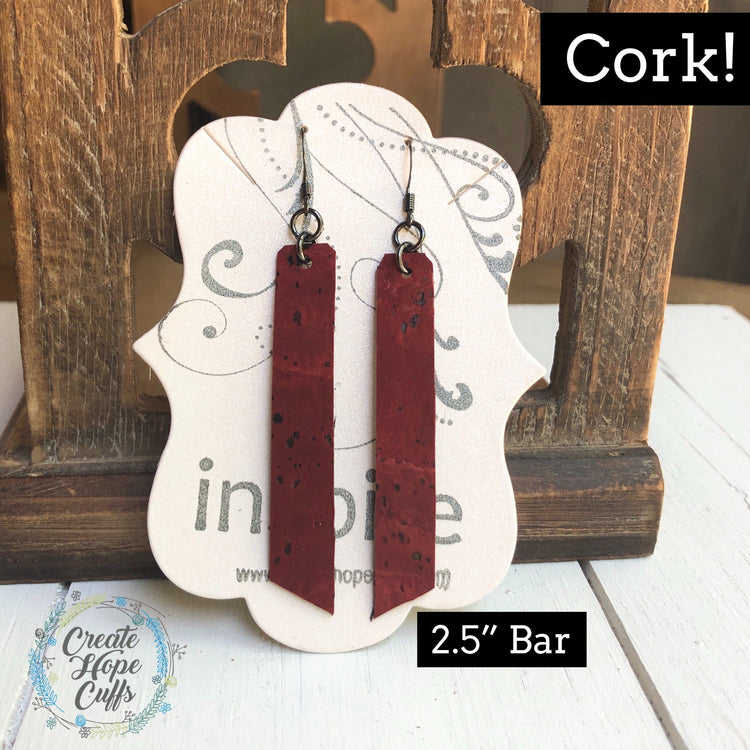 (Wholesale) Red, Red Wine CORK Earrings, Vegan, Eco-Friendly, 3 style options Cork Earrings Create Hope Cuffs Rectangle Bar 