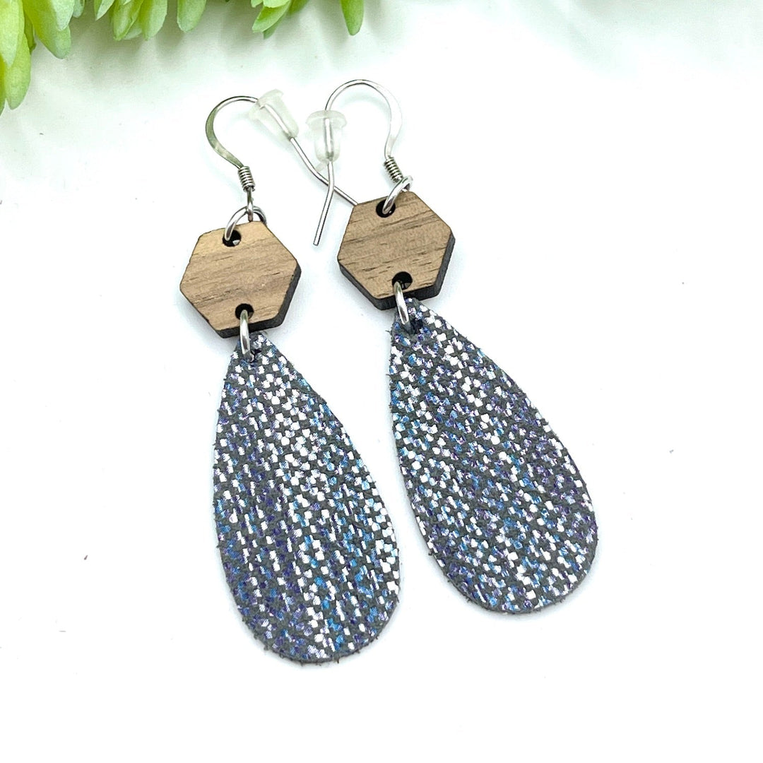 (Wholesale) Shimmer Blue Wood Leather Earrings | Skinny Teardrop | Hypoallergenic | Women Wood Earrings Create Hope Cuffs 