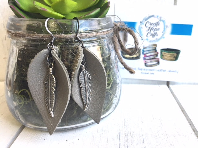(Wholesale) Slate Grey Leather Boho Petal Earrings | 2 Sizes | Choose your Charm | Oil Diffusers Leather Earrings Create Hope Cuffs 