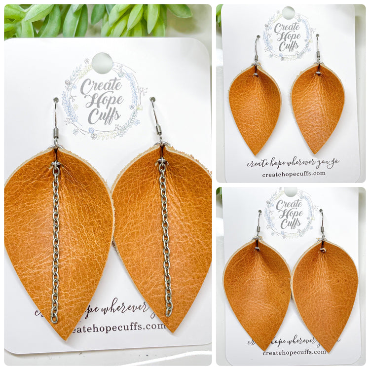 (Wholesale) SOLID Leather Earrings | 13 colors | 3 Options | Hypoallergenic | Women Leather Earrings Create Hope Cuffs Petite Petal (no chain) Calm Camel 