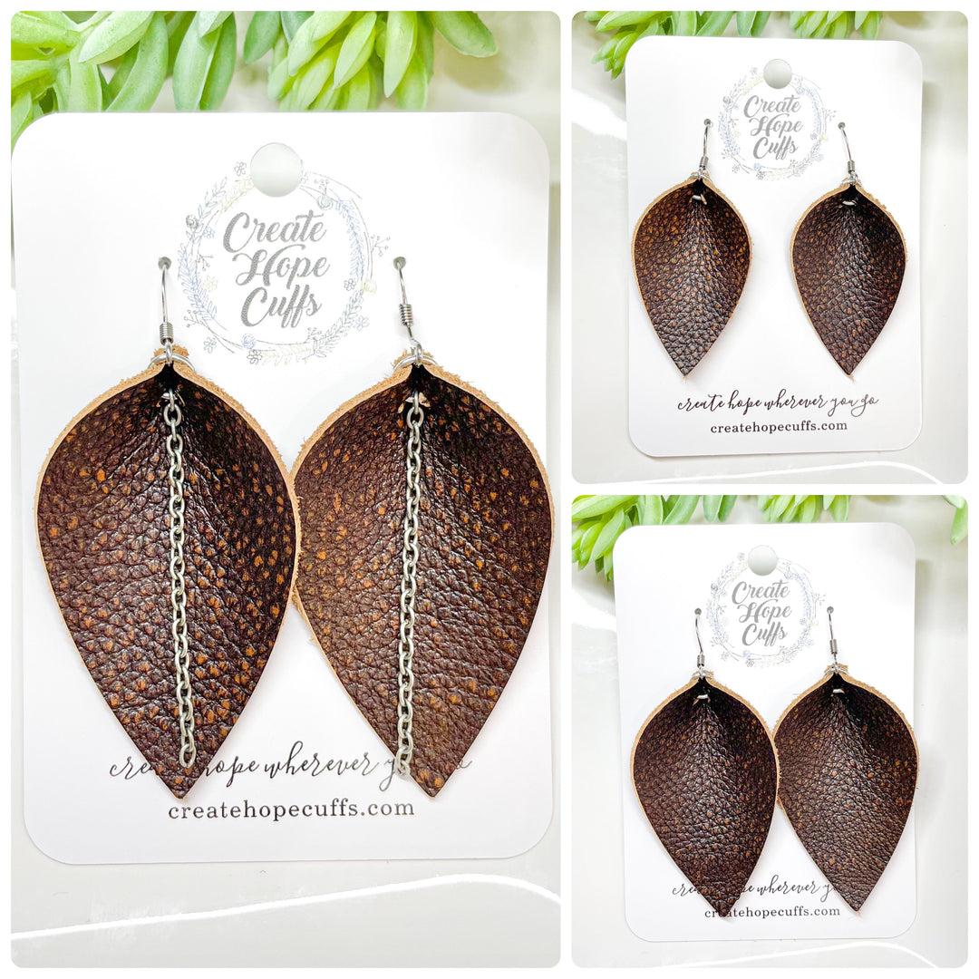 (Wholesale) SOLID Leather Earrings | 13 colors | 3 Options | Hypoallergenic | Women Leather Earrings Create Hope Cuffs Petite Petal (no chain) Dark Espresso Brown 