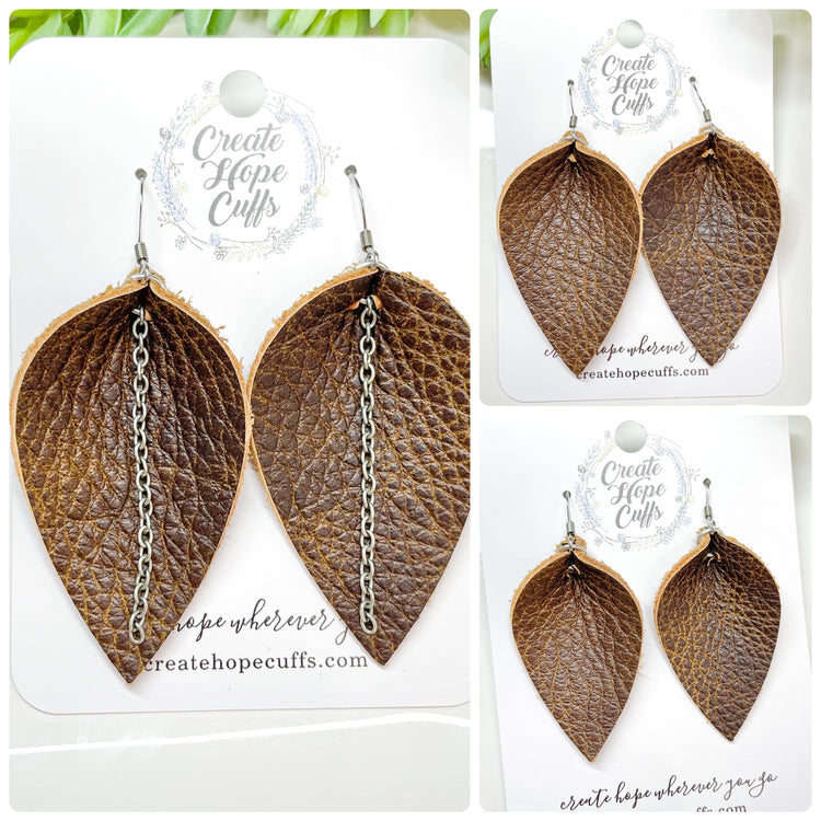 (Wholesale) SOLID Leather Earrings | 13 colors | 3 Options | Hypoallergenic | Women Leather Earrings Create Hope Cuffs Petite Petal (no chain) Distressed Americano Brown 