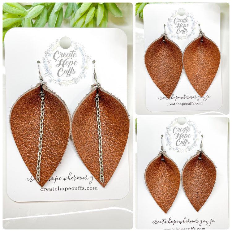 (Wholesale) SOLID Leather Earrings | 13 colors | 3 Options | Hypoallergenic | Women Leather Earrings Create Hope Cuffs Petite Petal (no chain) Medium Boot Brown 