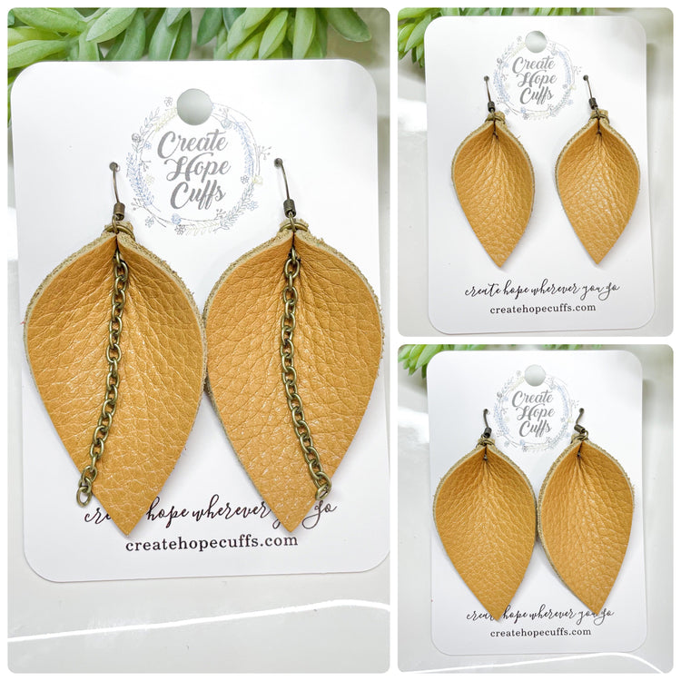 (Wholesale) SOLID Leather Earrings | 13 colors | 3 Options | Hypoallergenic | Women Leather Earrings Create Hope Cuffs Petite Petal (no chain) Muted Yellow 