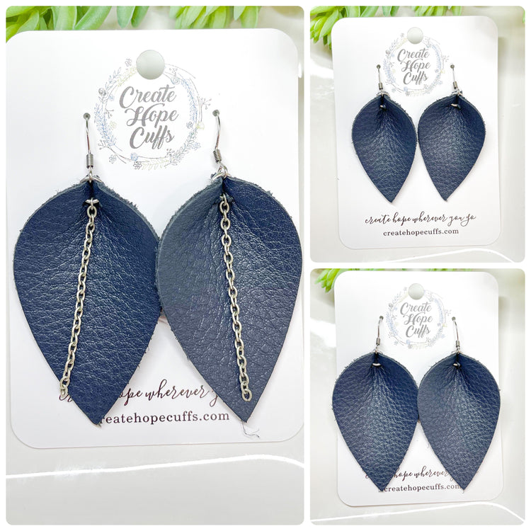 (Wholesale) SOLID Leather Earrings | 13 colors | 3 Options | Hypoallergenic | Women Leather Earrings Create Hope Cuffs Petite Petal (no chain) Nifty Navy 