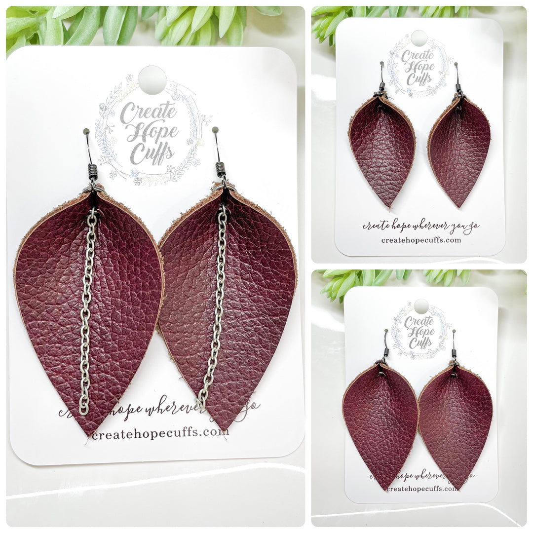 (Wholesale) SOLID Leather Earrings | 13 colors | 3 Options | Hypoallergenic | Women Leather Earrings Create Hope Cuffs Petite Petal (no chain) Perfect Plum 
