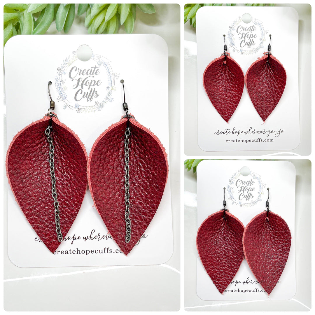 (Wholesale) SOLID Leather Earrings | 13 colors | 3 Options | Hypoallergenic | Women Leather Earrings Create Hope Cuffs Petite Petal (no chain) Razzy Red 