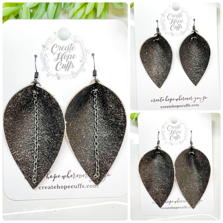 (Wholesale) SOLID Leather Earrings | 13 colors | 3 Options | Hypoallergenic | Women Leather Earrings Create Hope Cuffs Petite Petal (no chain) Vintage Black 