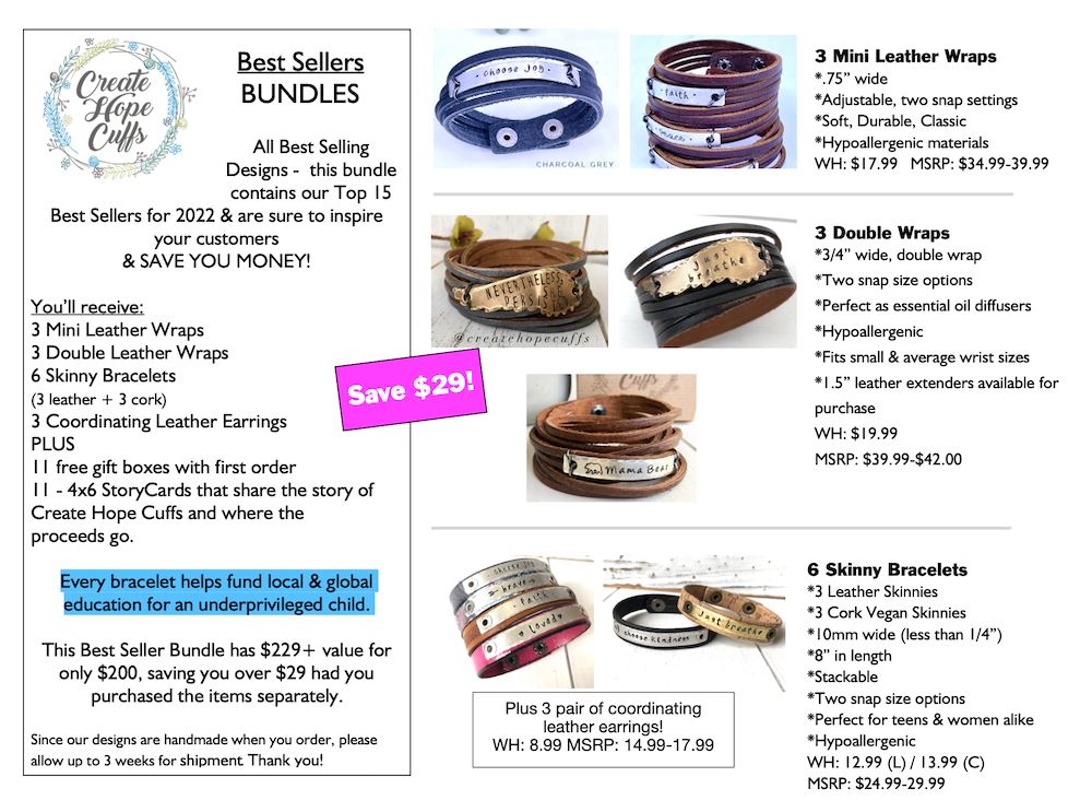 (Wholesale) Starter Kit BUNDLE | 15 Best Sellers | Save $29 Leather Wrap Create Hope Cuffs 