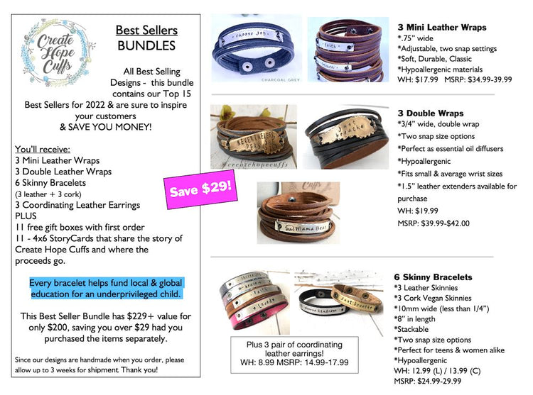 (Wholesale) Starter Kit BUNDLE | 15 Best Sellers | Save $29 Leather Wrap Create Hope Cuffs 