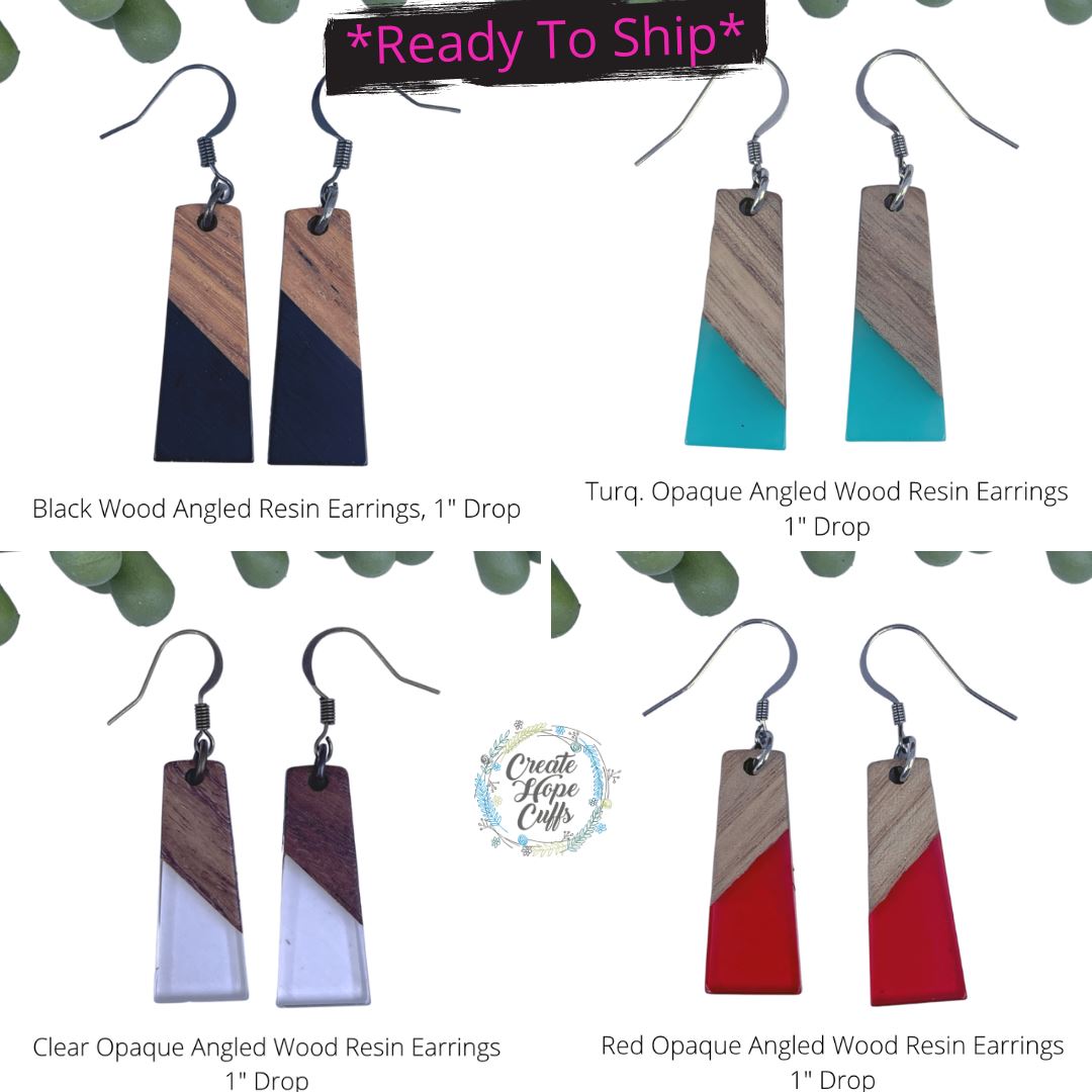 (Wholesale) Wood Opaque Angled Resin Bar Petite Earrings | 4 colors | Hypoallergenic Wood Earrings Create Hope Cuffs 