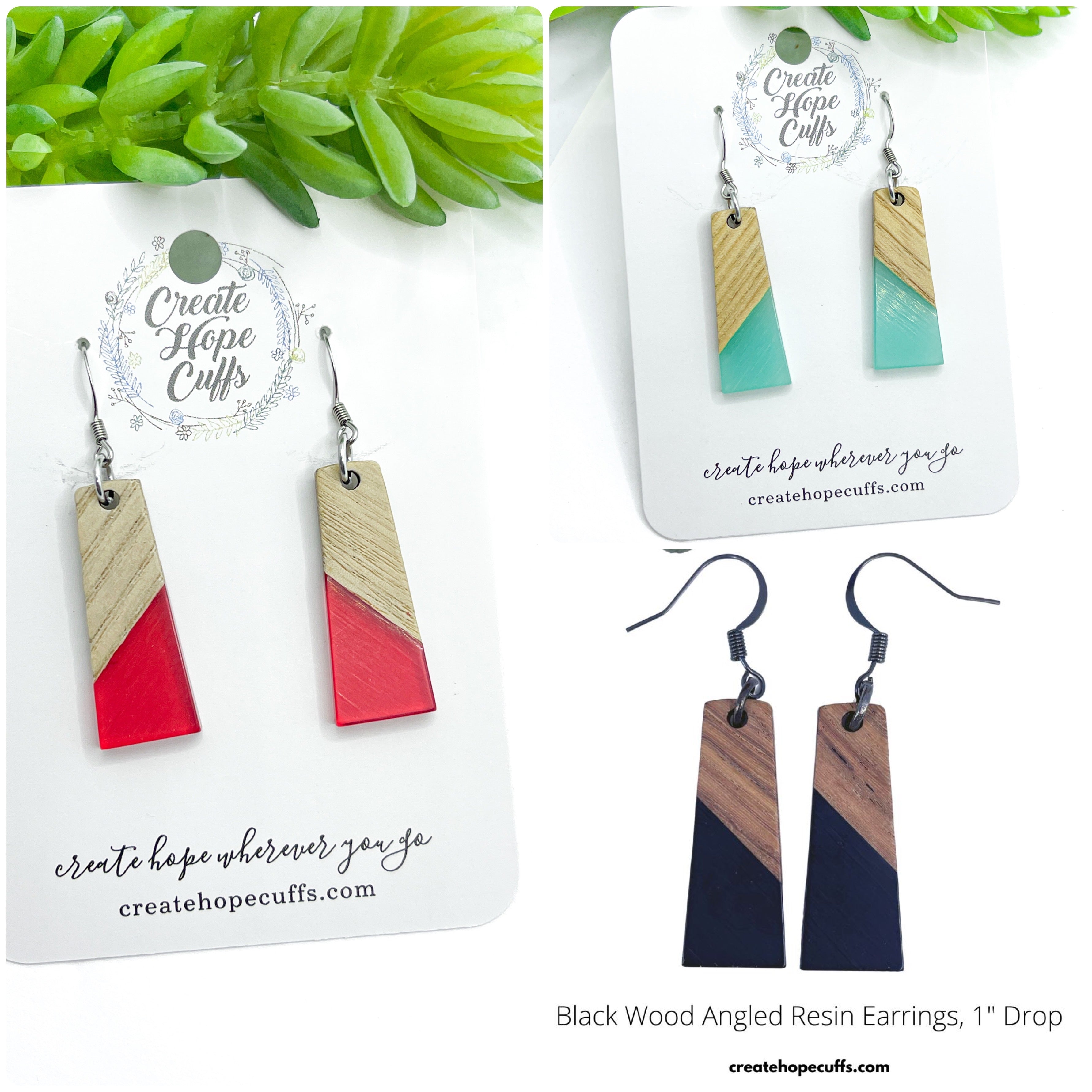 Wood Opaque Angled Resin Bar Petite Earrings | 4 colors | Hypoallergenic Wood Earrings Create Hope Cuffs 