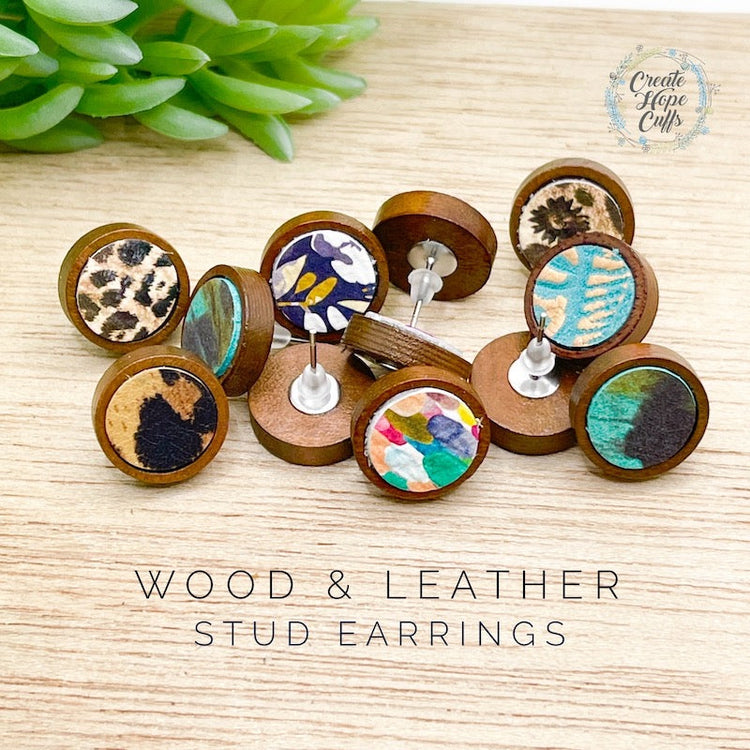 Wooden STUD & Leather Earrings | 6 Designs | Hypoallergenic Wood Earrings Create Hope Cuffs 