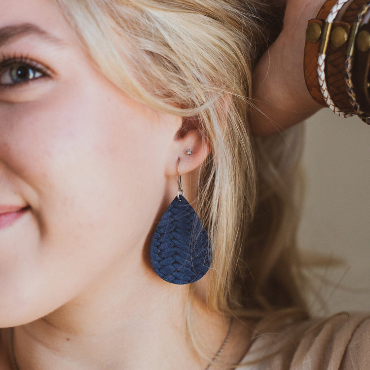 Woven Navy Blue Leather Earrings | Teardrop | Hypoallergenic Leather Earrings Create Hope Cuffs 