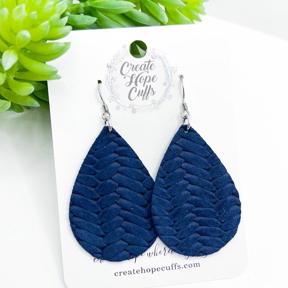 Woven Navy Blue Leather Earrings | Teardrop | Hypoallergenic Leather Earrings Create Hope Cuffs 